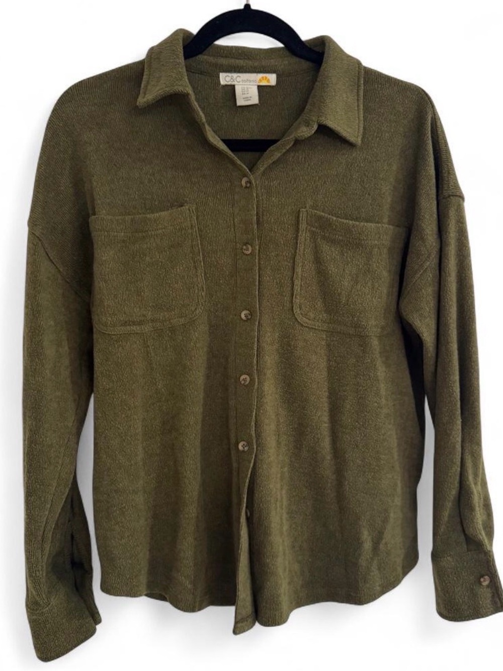 C&C California Chenille Olive Green Button-Up Shirt Jacket Shacket Medium